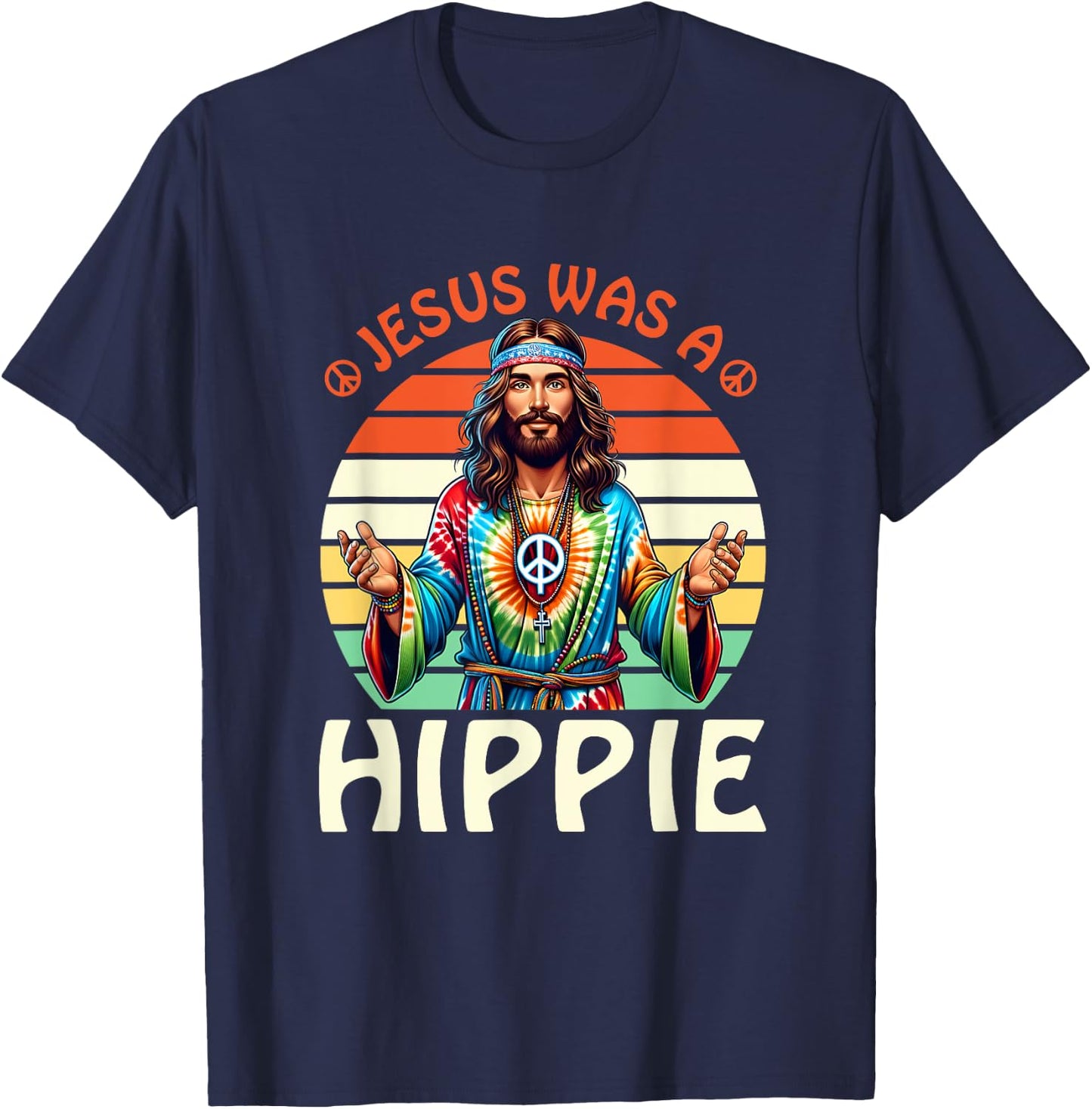 Groovy There Was Jesus Cross Christian Religious Hippie T-Shirt - T-Shirt | Navy