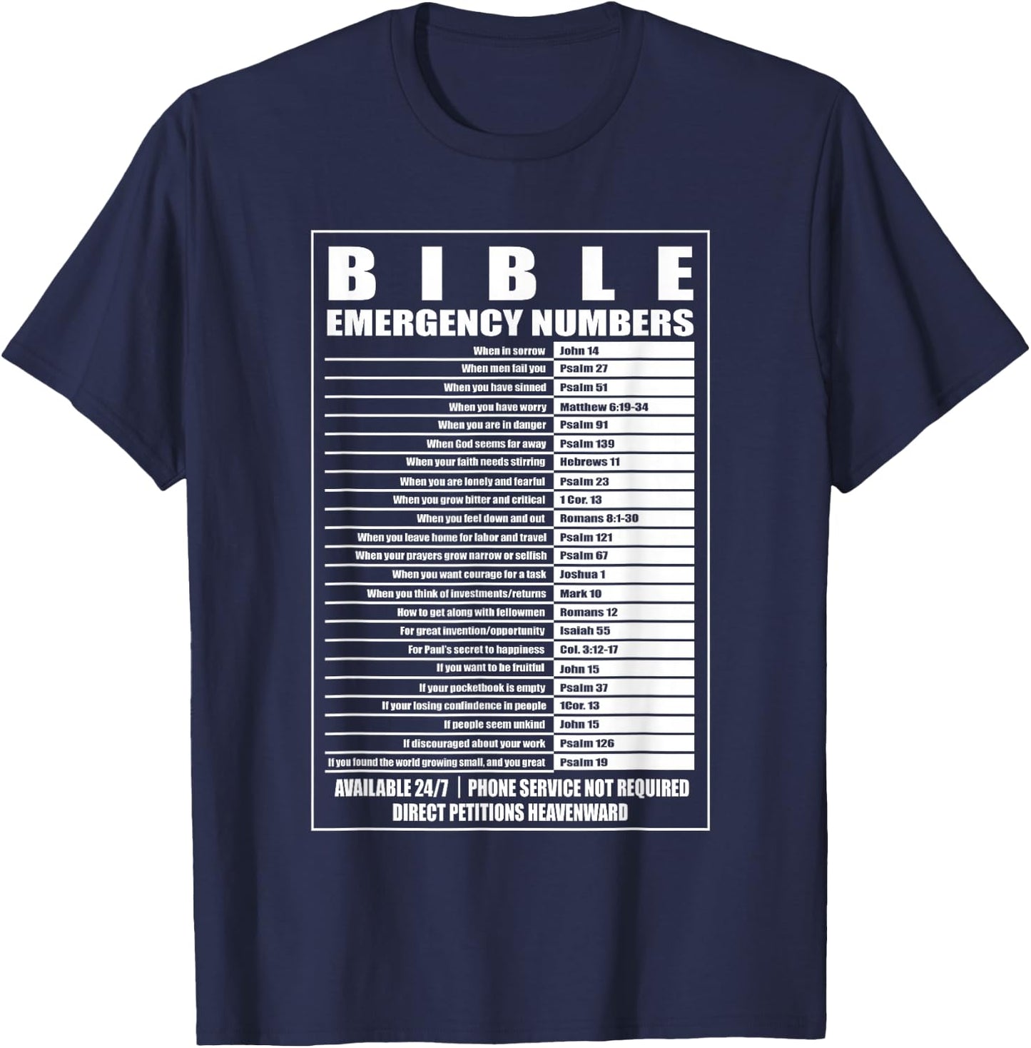 Bible Emergency Numbers Religious Christian T-Shirt - T-Shirt | Navy