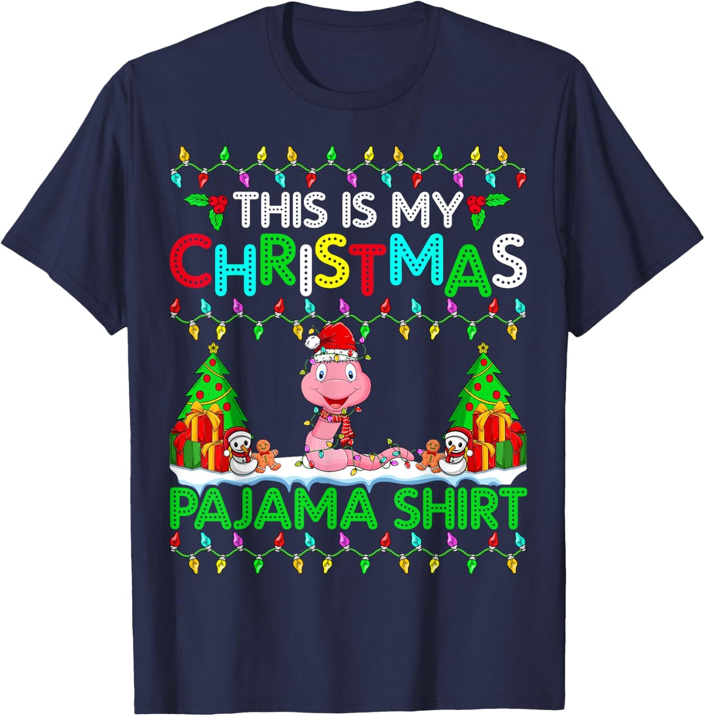 Worm Christmas Xmas Santa Hat Pajama Shirt - Worm Lover T-Shirt - T-Shirt | Navy