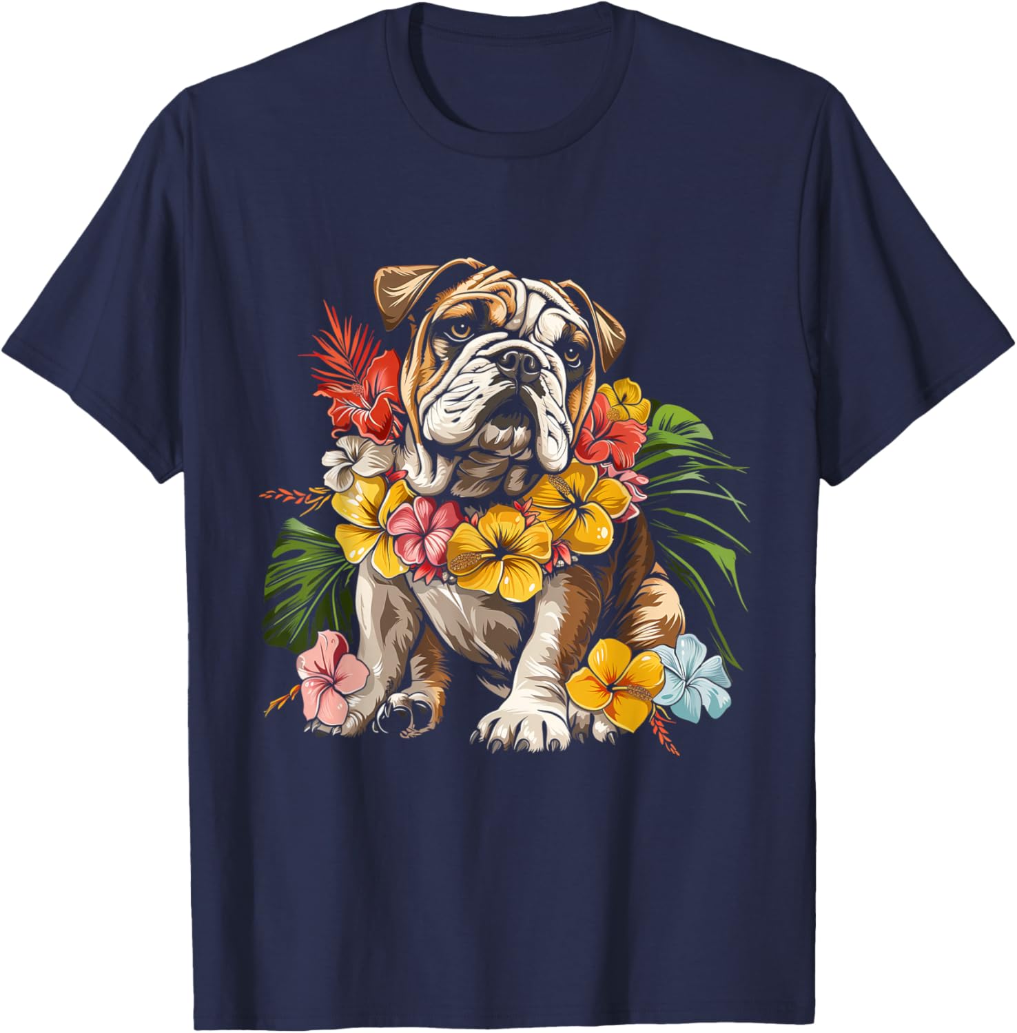 Bulldog Hawaiian Flowers Hibiscus Hula Hawaii Dog T-Shirt - T-Shirt | Navy