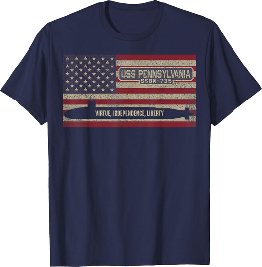 USS Pennsylvania SSBN-735 Submarine USA American Flag T-Shirt - T-Shirt | Navy
