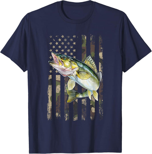 Walleye Camo American Flag, Fishing Walleye T-Shirt - T-Shirt | Navy