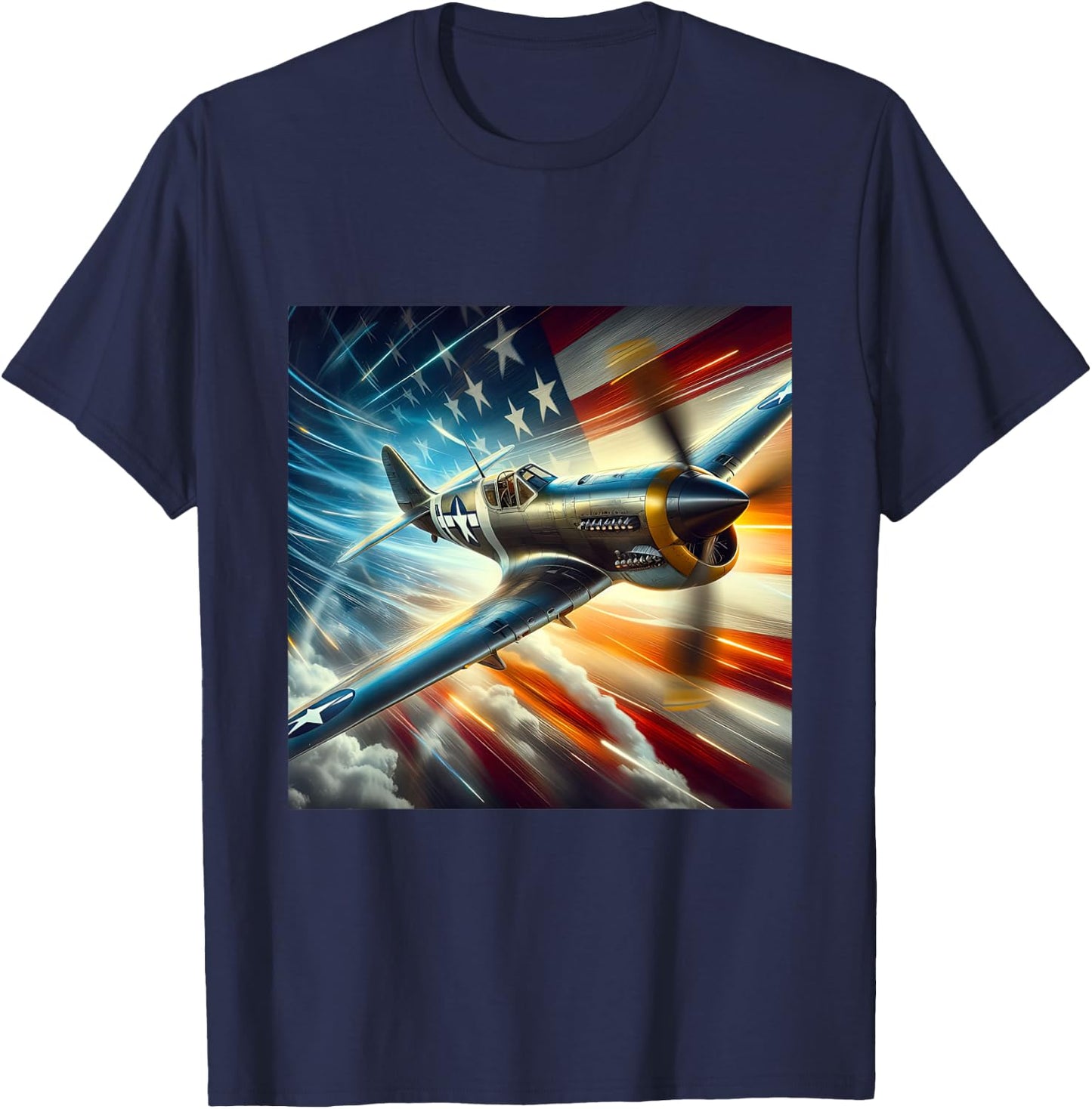P-40 Warhawk | North American Aviation WW2 P40 US Flag T-Shirt - T-Shirt | Navy