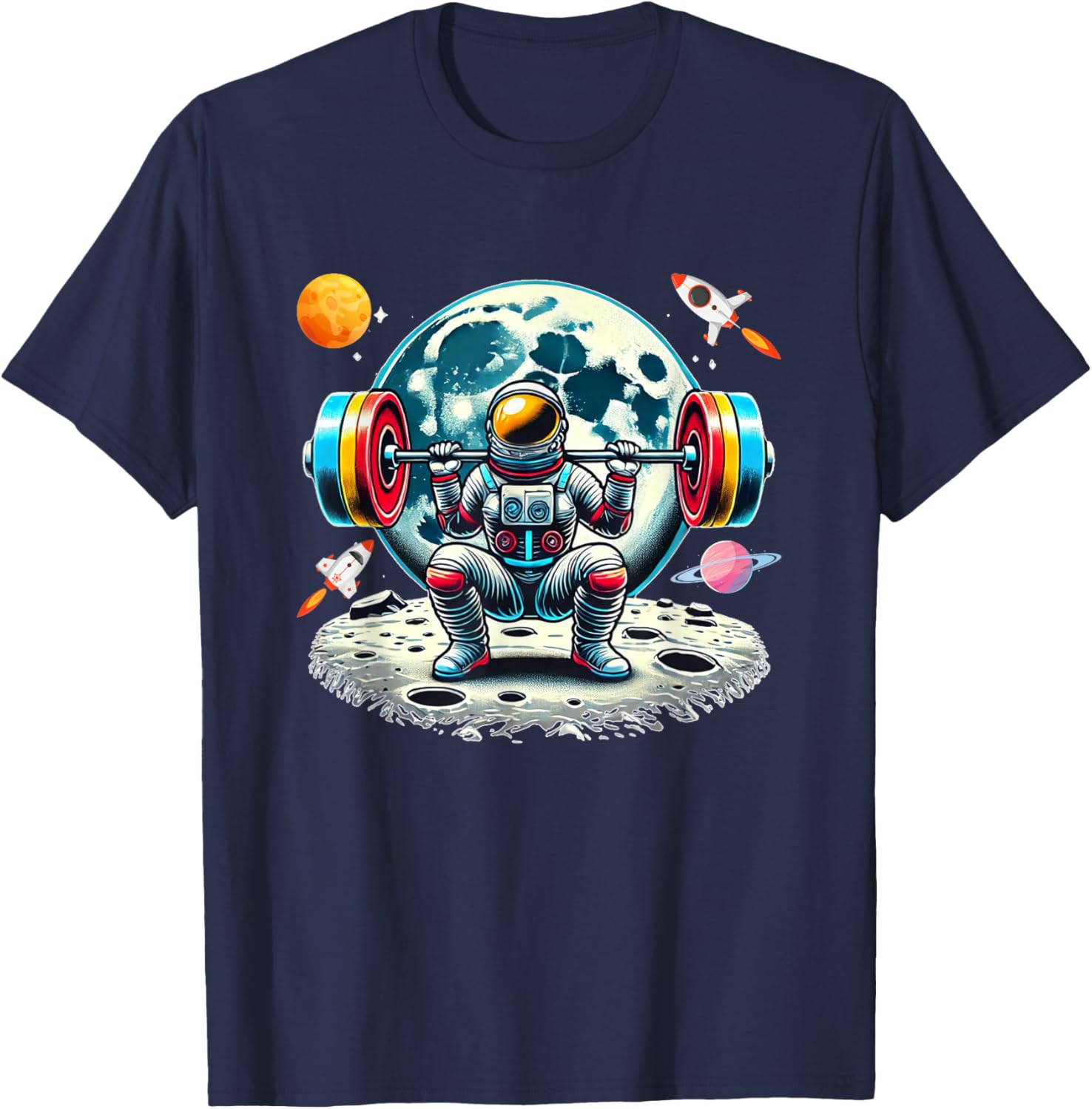 Funny Astronaut Working Out Gym Barbell Squats Outer Space T-Shirt - T-Shirt | Navy