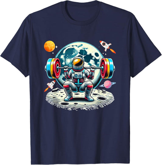 Funny Astronaut Working Out Gym Barbell Squats Outer Space T-Shirt - T-Shirt | Navy