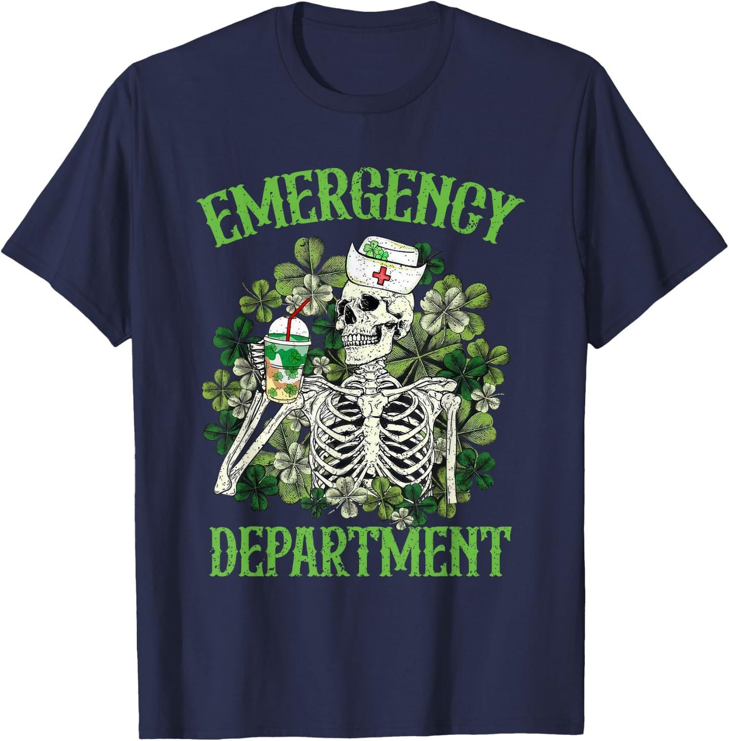 Emergency Department Skeleton Latte ER Nurse St Patricks Day T-Shirt - T-Shirt | Navy