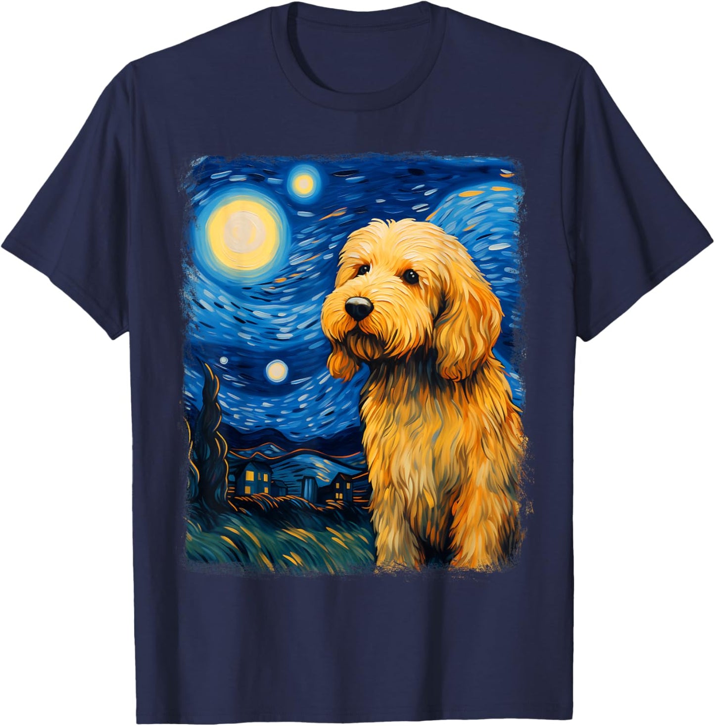 Golden Doodle Goldendoodle Dog Starry Night Painting T-Shirt - T-Shirt | Navy