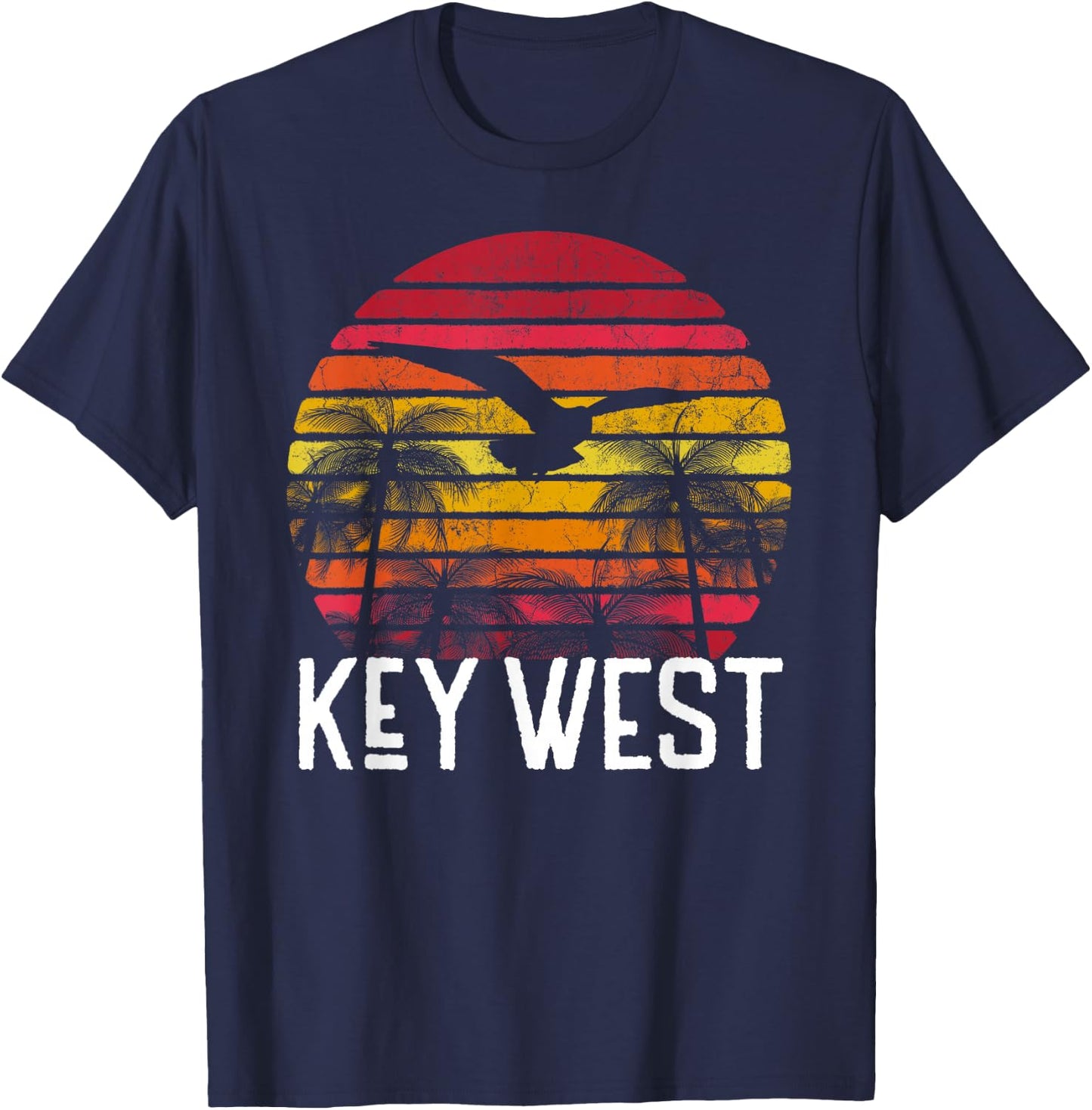 Key West Florida Vintage Retro Beach Palm Tree Surf Sunset T-Shirt - T-Shirt | Navy