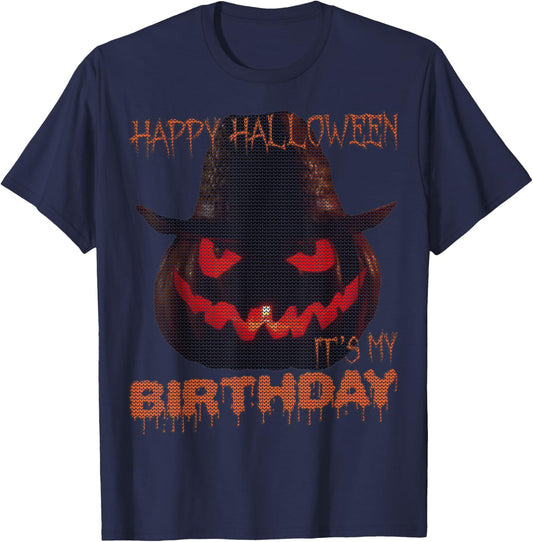 Happy Halloween My Birthday Jack-O-Lantern Ugly Halloween T-Shirt - T-Shirt | Navy