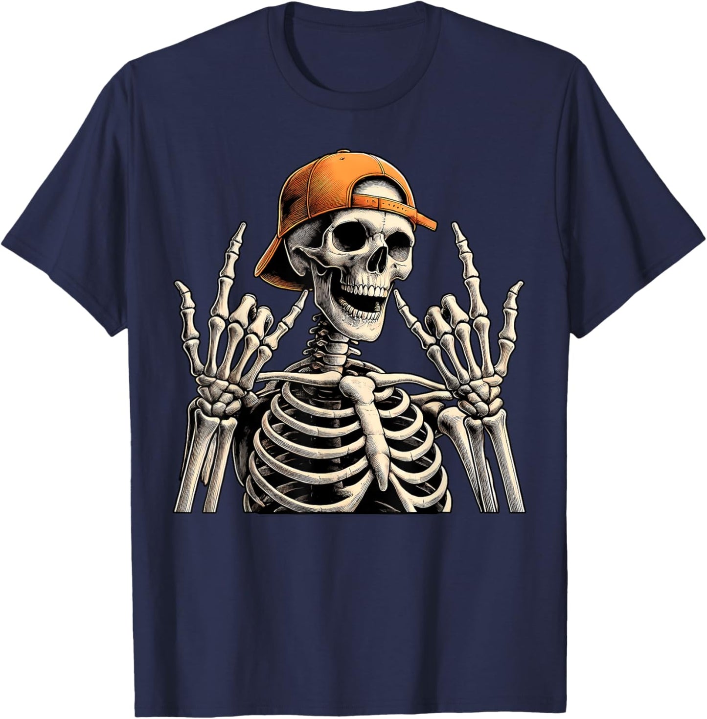 Retro Skeleton Halloween Rock Hand Sign Rock N Roll 90s T-Shirt - T-Shirt | Navy