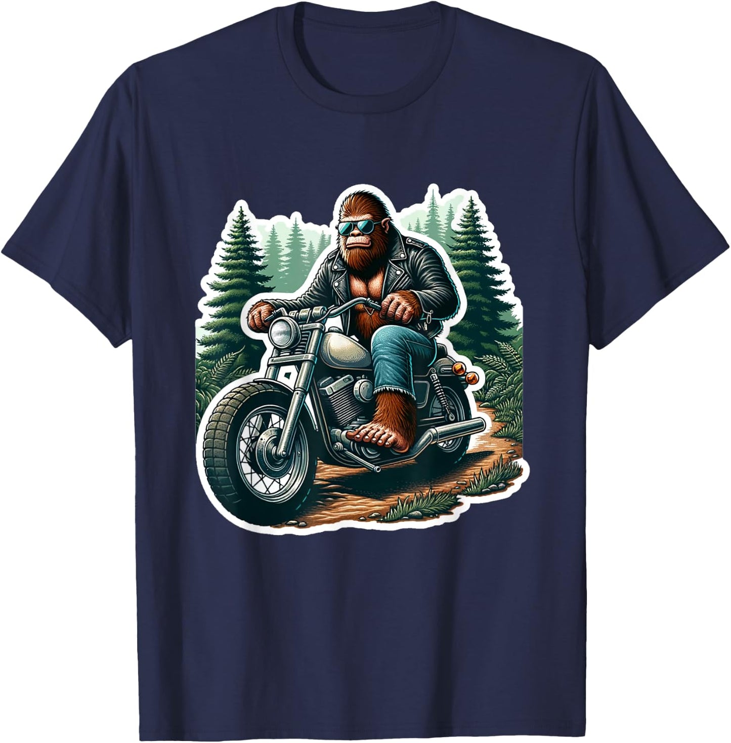 Funny Bigfoot Sasquatch Riding Motorcycle Bike Biker T-Shirt - T-Shirt | Navy
