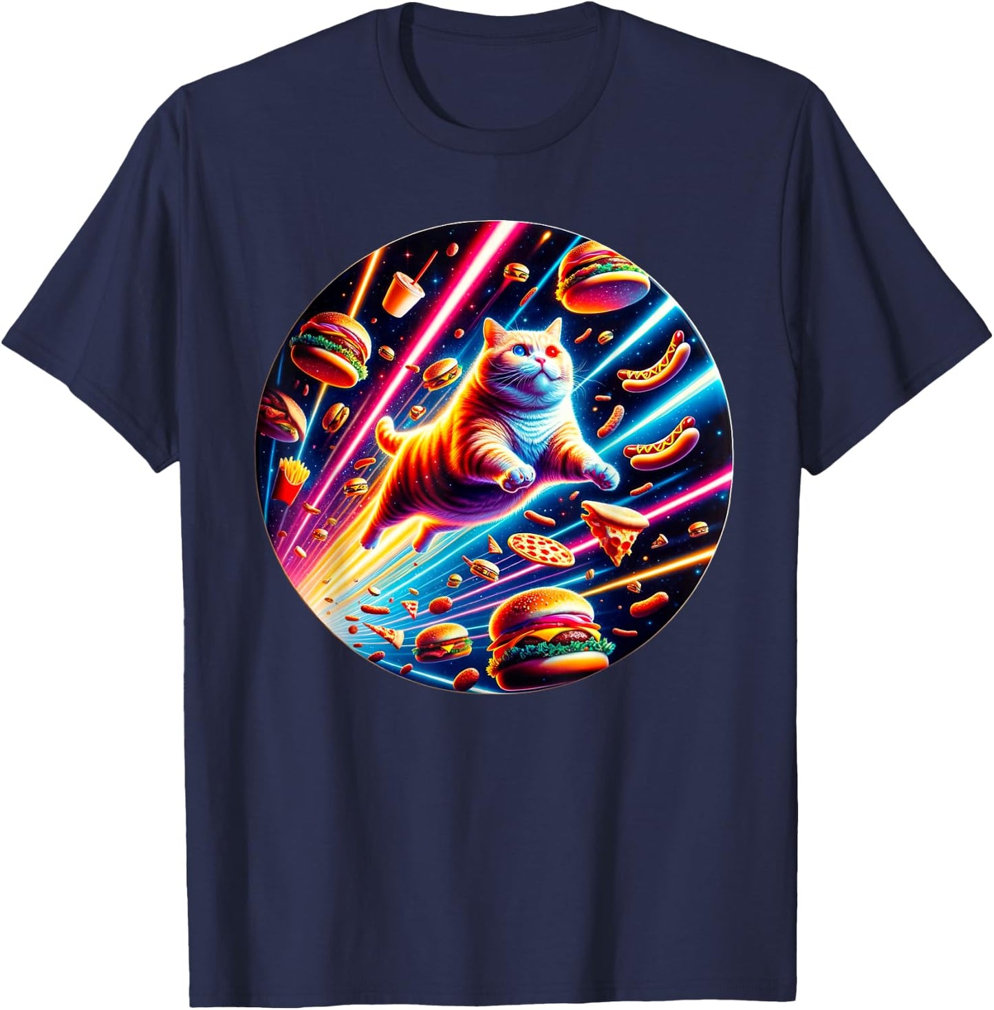 Outer Space Pizza Cat Rainbow Laser Taco Hot Dog Burrito T-Shirt - T-Shirt | Navy
