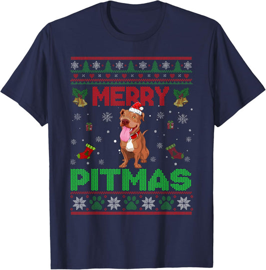 Merry Pitmas Funny Pit Bull Christmas Sweater Gifts T-Shirt - T-Shirt | Navy