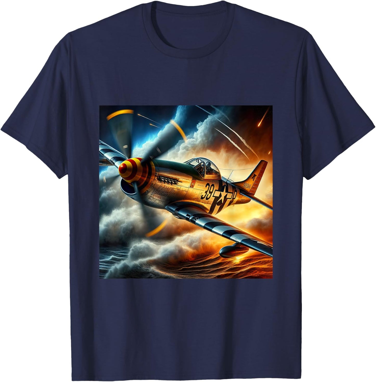 WWII Warbirds | P-51 Mustang in Dynamic Flight in the Sky T-Shirt - T-Shirt | Navy