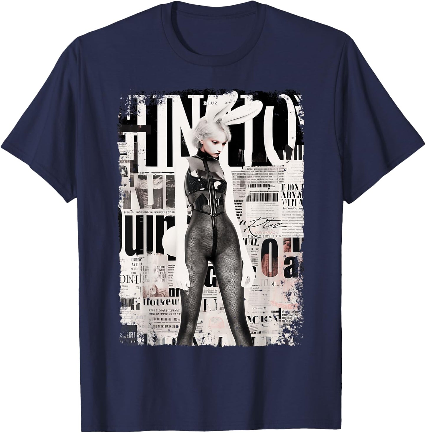 Magazine Cover Vintage Girl Bunny Collage Sexy Model Pin-Up T-Shirt - T-Shirt | Navy