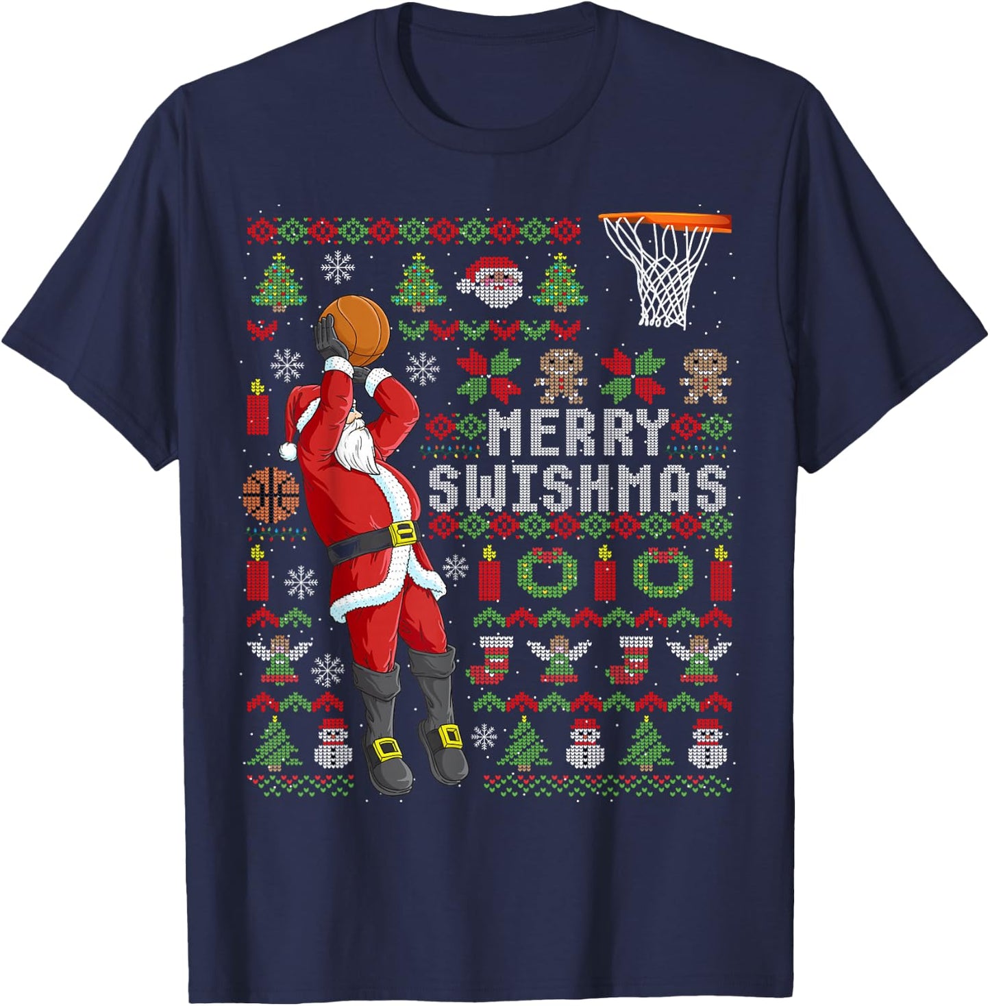 Merry Swishmas Ugly Christmas Basketball Christmas T-Shirt - T-Shirt | Navy