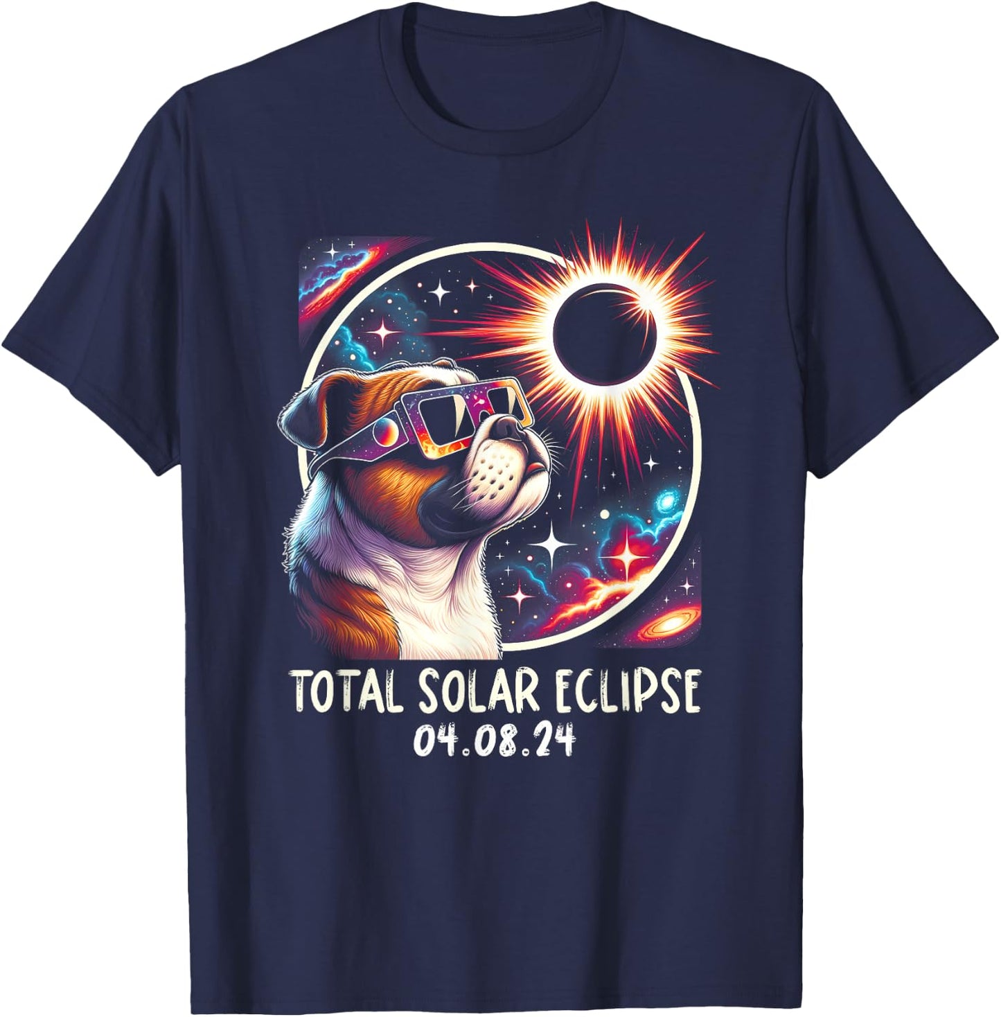 Solar Eclipse Bulldog Wearing Glasses Pet April 8 2024 Women Kids T-Shirt - T-Shirt | Navy