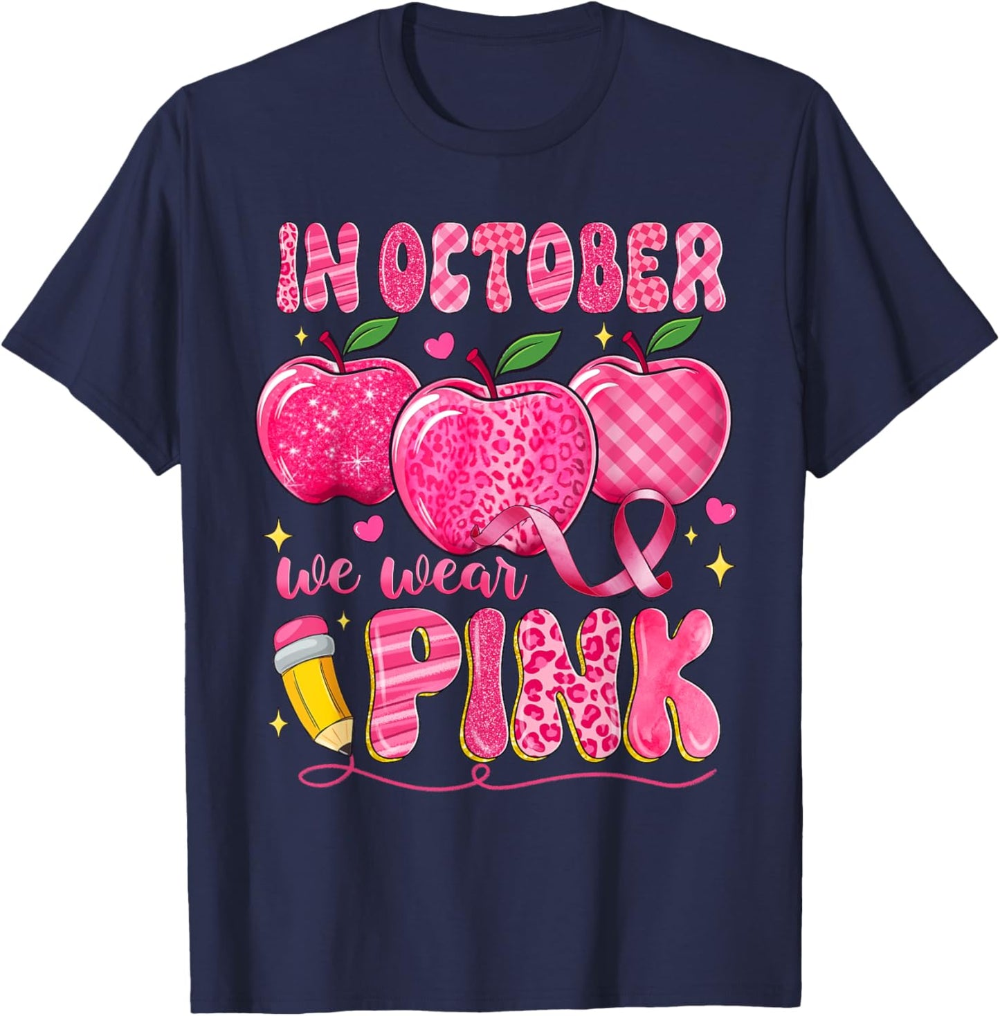 In October We Wear Pink Apple Teacher Leopard Breast Cancer T-Shirt - T-Shirt | Navy