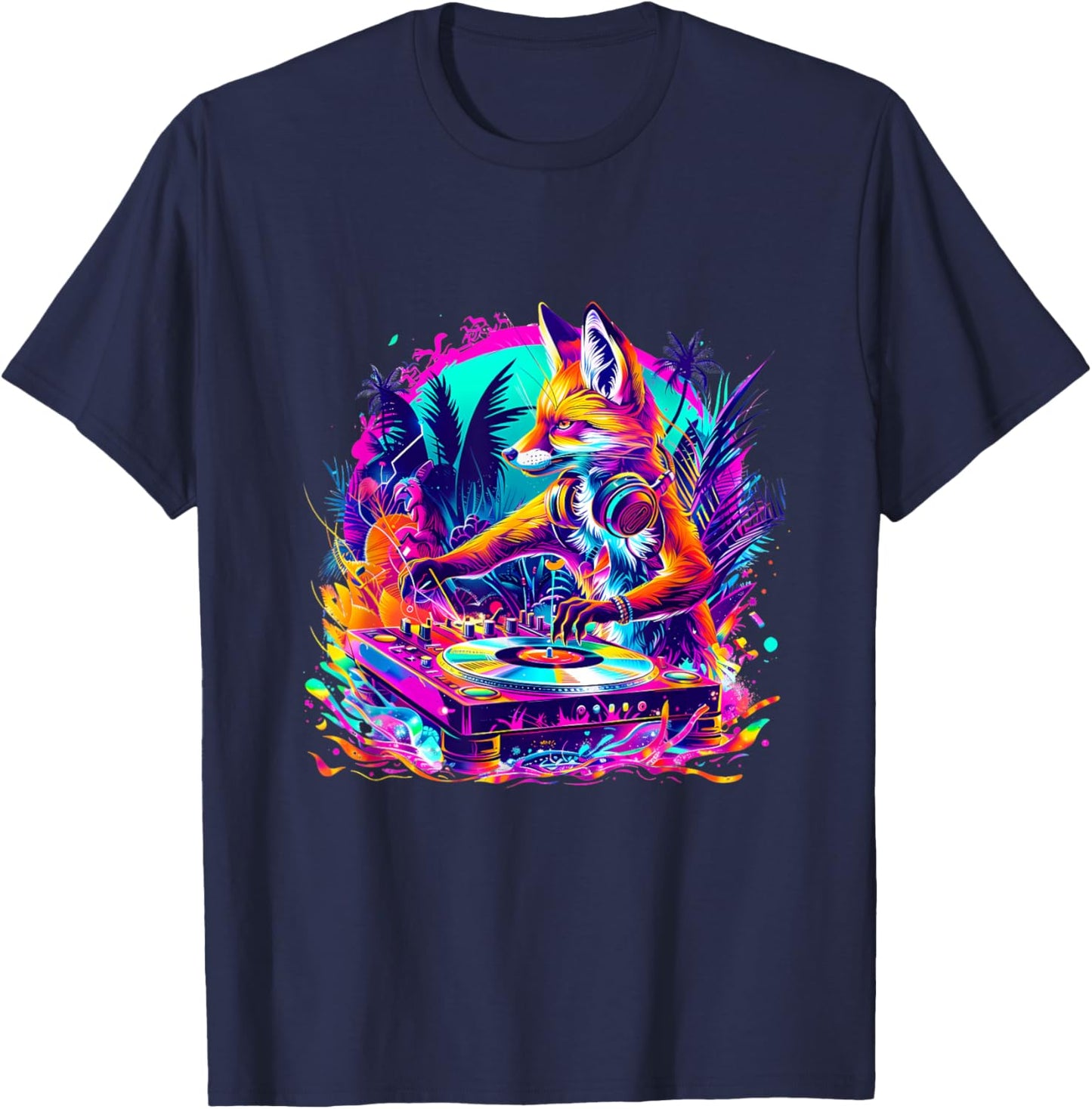 Fox Music DJ Techno House Music Colourful Turntable DJ Fox T-Shirt - T-Shirt | Navy