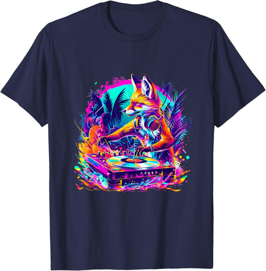 Fox Music DJ Techno House Music Colourful Turntable DJ Fox T-Shirt - T-Shirt | Navy