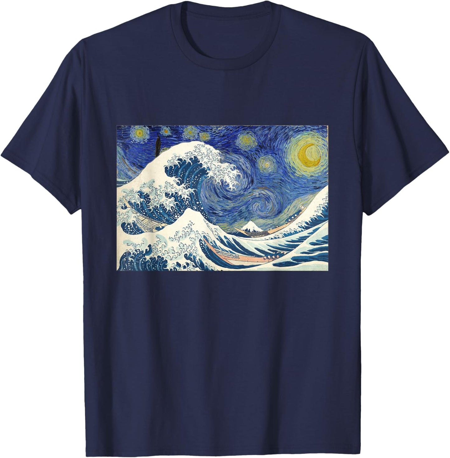 Great Wave off Kanagawa with Starry Nights van Gogh T-Shirt - T-Shirt | Navy