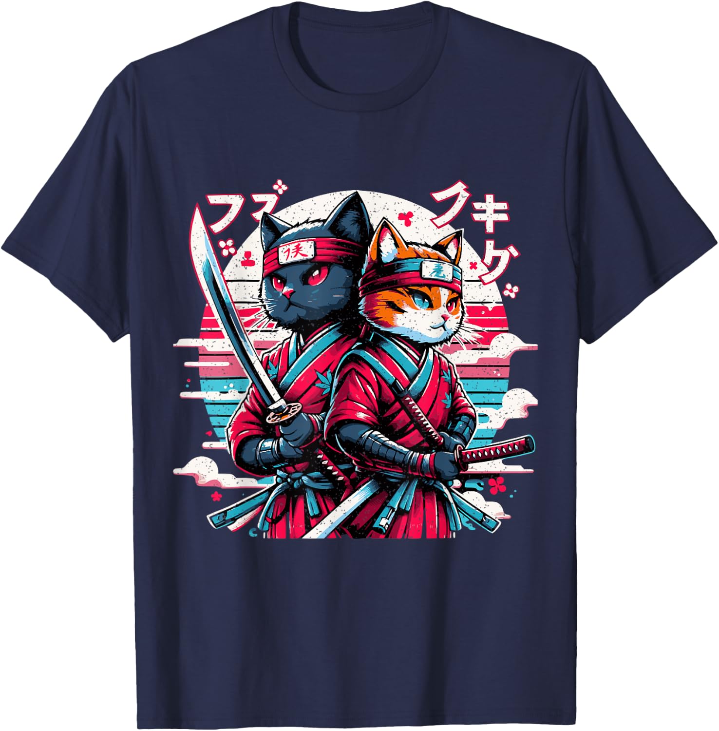 Cute Ninja Cat Couple Japanese Anime Samurai Katana Cats Women Girls Kids T-Shirt - T-Shirt | Navy
