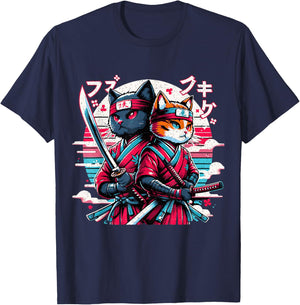 Cute Ninja Cat Couple Japanese Anime Samurai Katana Cats Women Girls Kids T-Shirt - T-Shirt | Navy