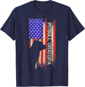 Vintage USA Flag Proud Pitbull Dog Grandpa Pittie Silhouette T-Shirt - T-Shirt | Navy