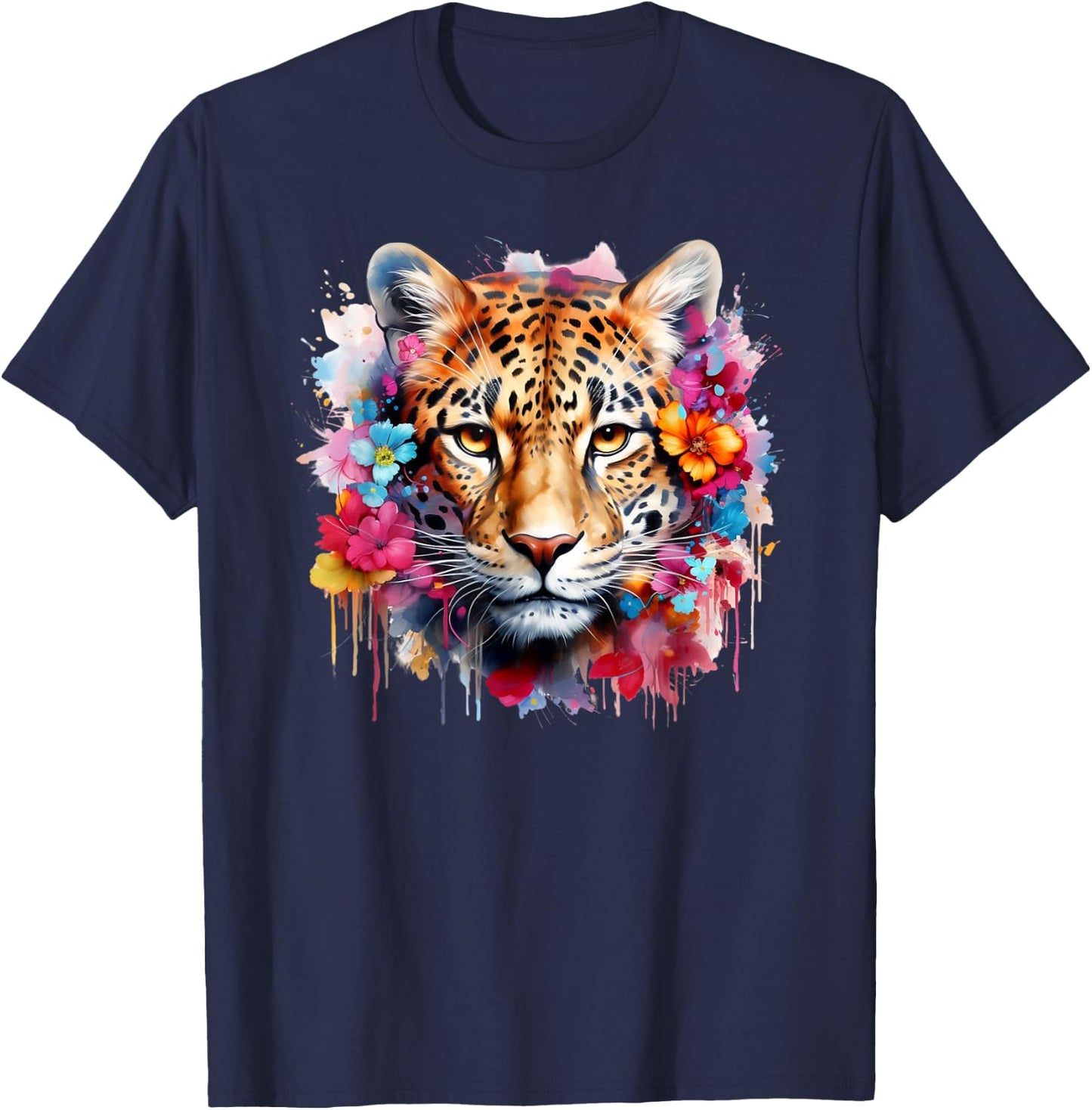 Colorful Leopard Portrait Flowers Floral Leopard Watercolor T-Shirt - T-Shirt | Navy