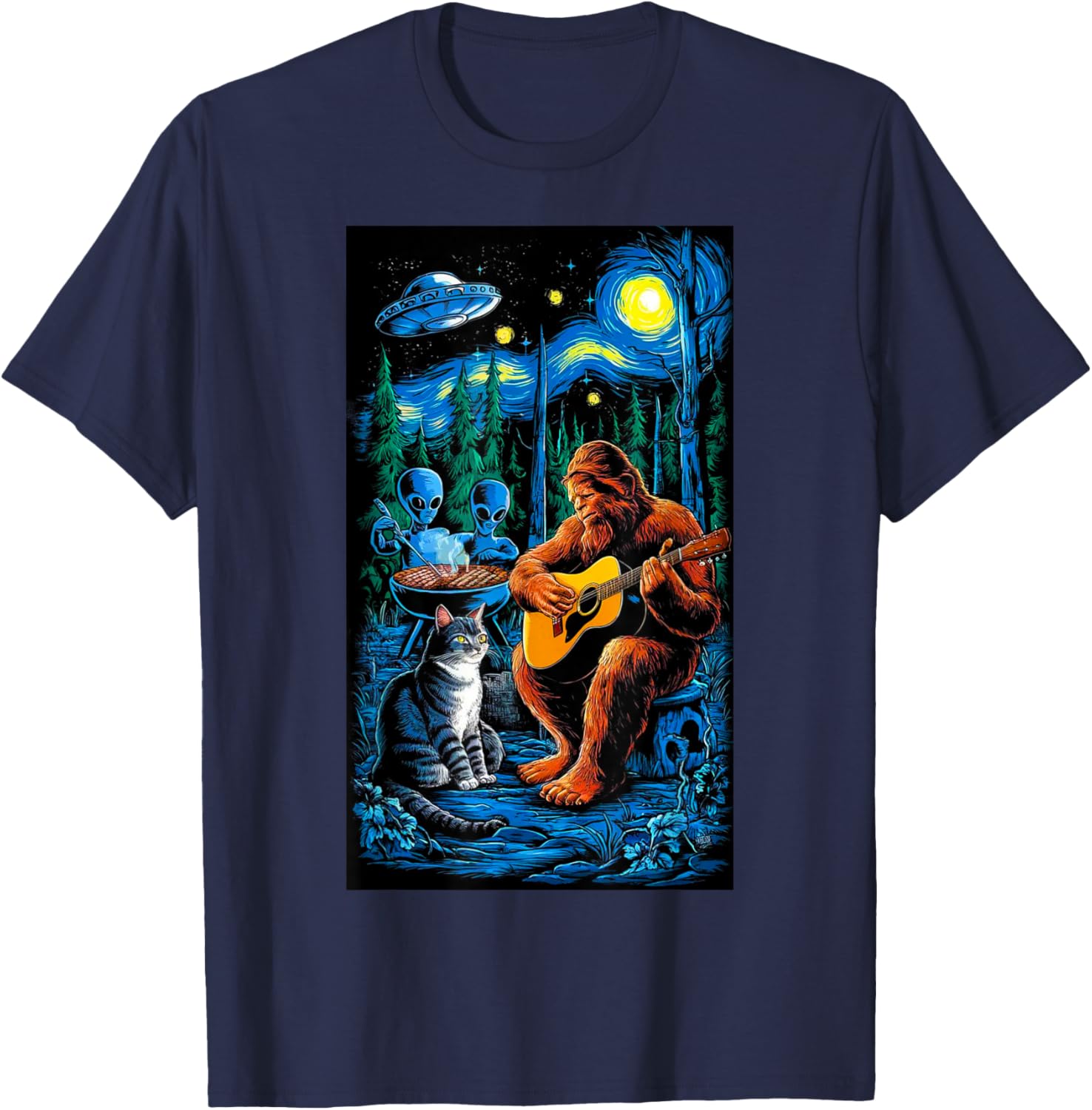 Funny Cat UFO Alien Bigfoot Sasquatch Camping Playing Guitar T-Shirt - T-Shirt | Navy