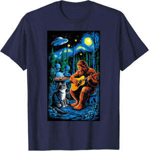 Funny Cat UFO Alien Bigfoot Sasquatch Camping Playing Guitar T-Shirt - T-Shirt | Navy