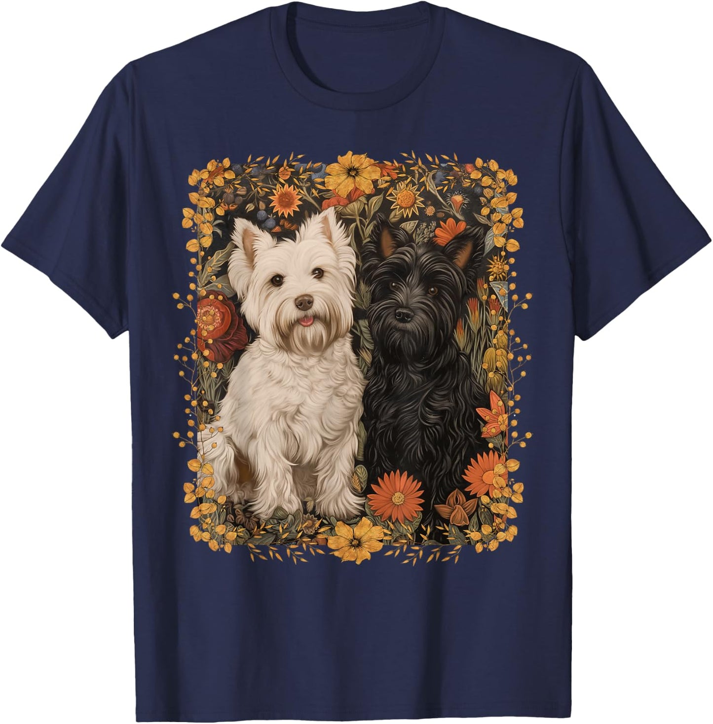 Westie and Scottie in William Morris Style Garden T-Shirt - T-Shirt | Navy