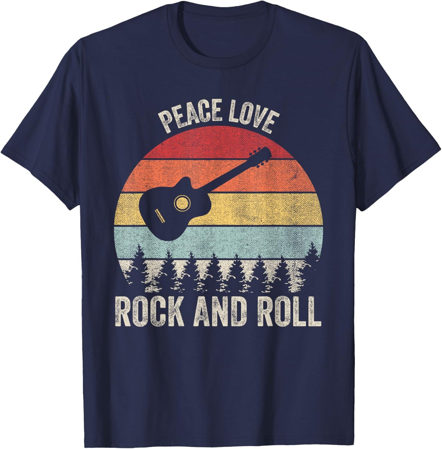 Retro Peace Love Rock And Roll Shirt Music Guitar Vintage T-Shirt - T-Shirt | Navy