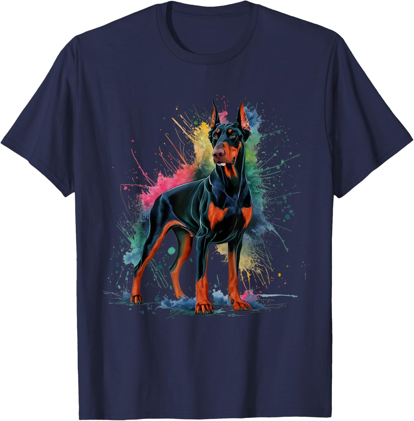 Men Woman Colorful Watercolor Doberman T-Shirt - T-Shirt | Navy