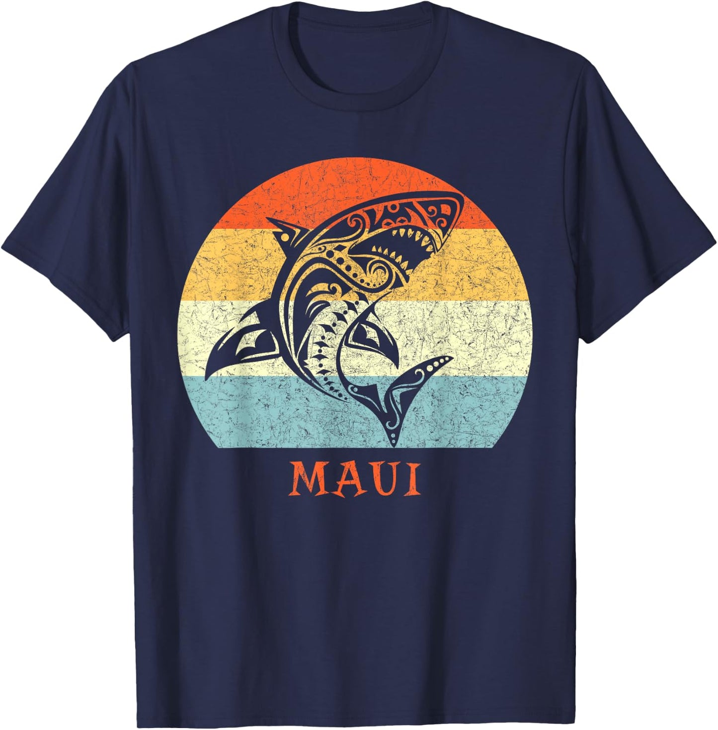 Maui, Hawaii Vintage Shark Retro Throwback Vacation T-Shirt - T-Shirt | Navy