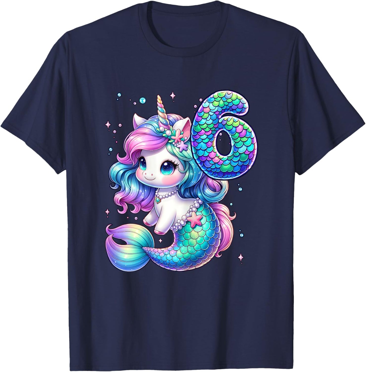 Unicorn Mermaid 6th Birthday 6 Year Old Party Girls Outfit T-Shirt - T-Shirt | Navy
