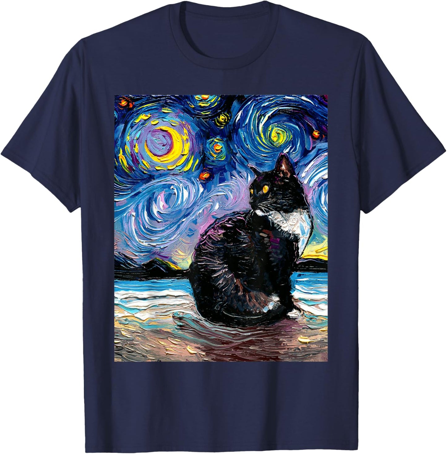 Tuxedo Cat on Beach Starry Night Impressionist Kitty Artwork T-Shirt - T-Shirt | Navy