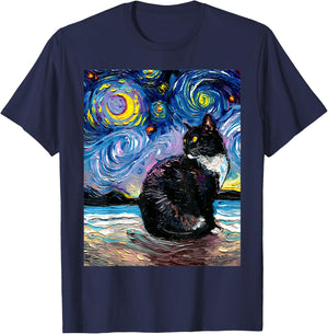 Tuxedo Cat on Beach Starry Night Impressionist Kitty Artwork T-Shirt - T-Shirt | Navy