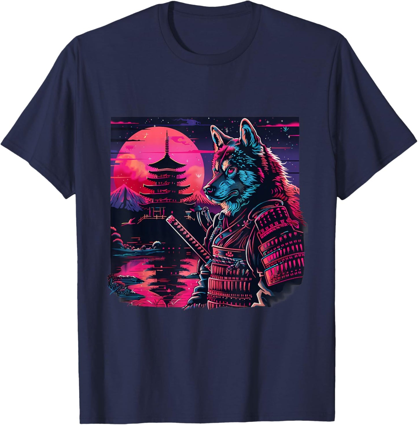 Japanese Warrior Japanese Ninja Pagoda Samurai Akita Dog T-Shirt - T-Shirt | Navy
