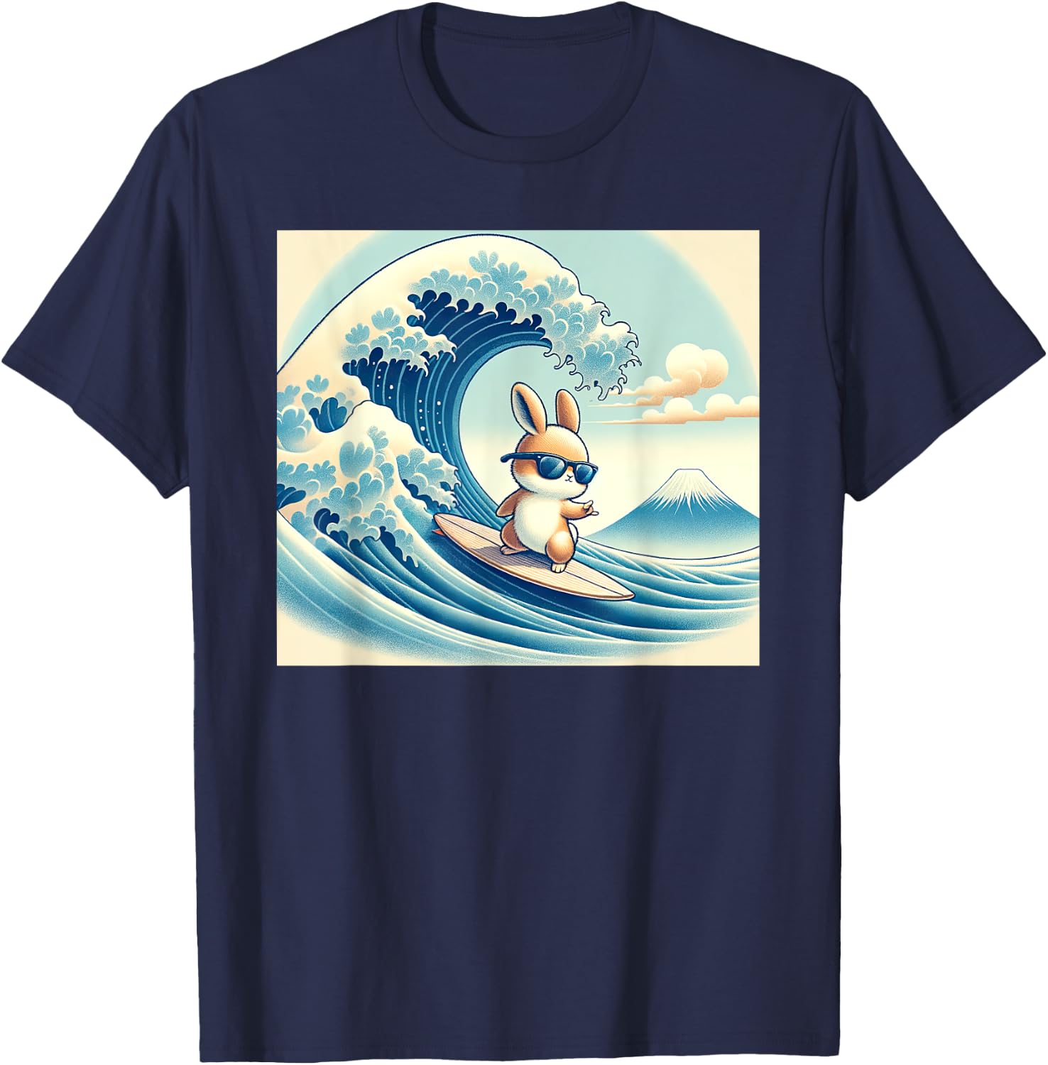 Cool Surfing Bunny Rabbit - Japanese Great Big Wave Funny T-Shirt - T-Shirt | Navy