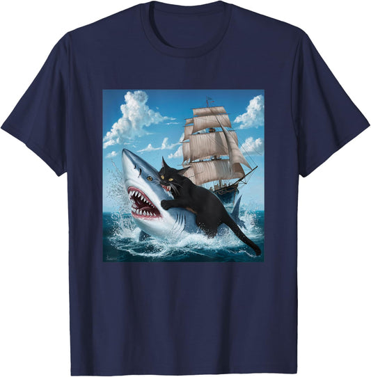 Cat Biting Shark Humorous Playful Funny Black Cat Bit Shark Women Kids T-Shirt - T-Shirt | Navy