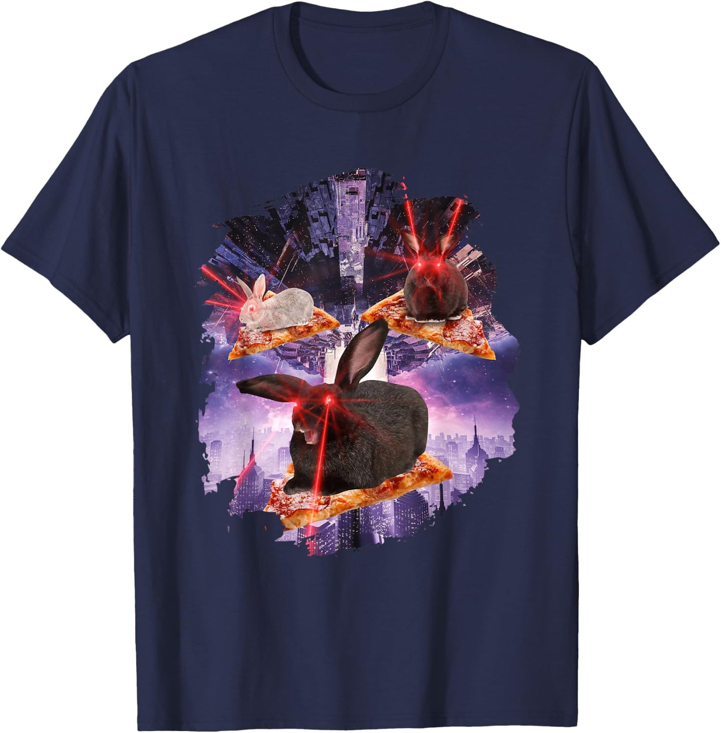 Bunnies With Laser Eyes I Rabbit Bunny Laser Space Pizza T-Shirt - T-Shirt | Navy