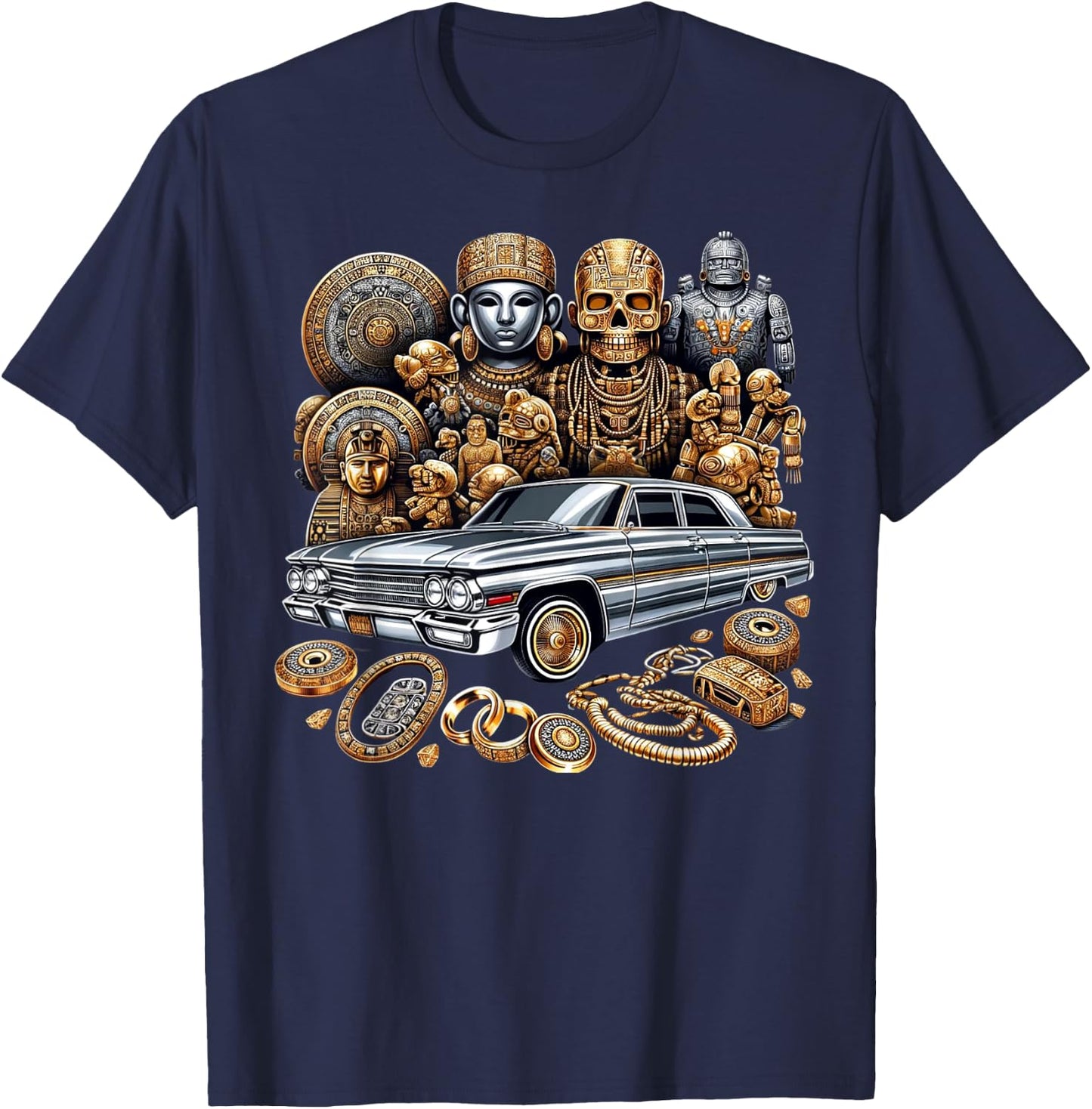 Mexican Street Culture Lowrider Latino Cinco De Mayo Aztec T-Shirt - T-Shirt | Navy
