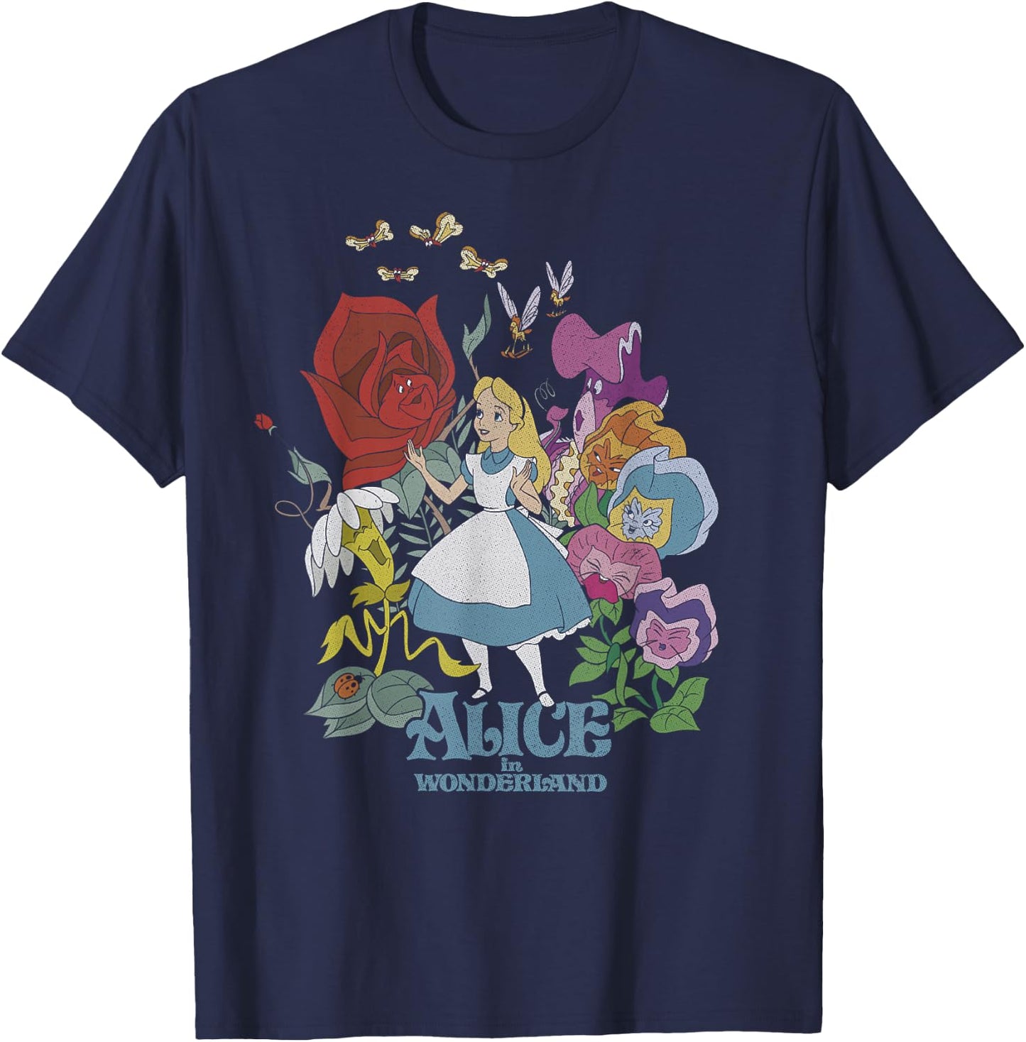 Disney Alice in Wonderland Walking Through The Flowers Small T-Shirt - T-Shirt | Navy