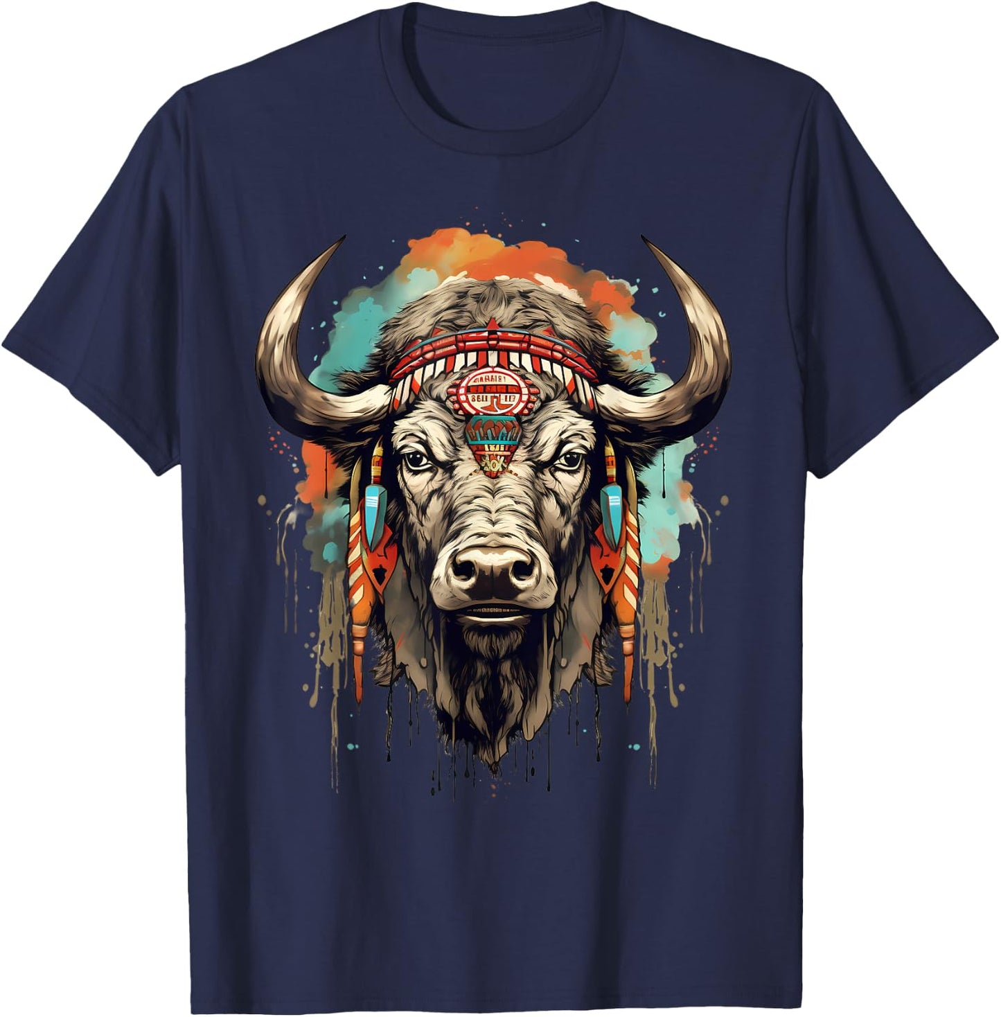 Buffalo Indian Artwork Wildlife Safari Nature Bison Portrait T-Shirt - T-Shirt | Navy