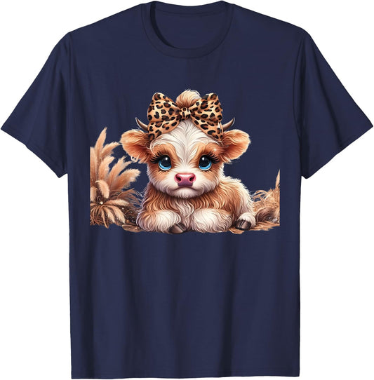 Cute Baby Highland Cow With flowers Calf Animal Leopard T-Shirt - T-Shirt | Navy