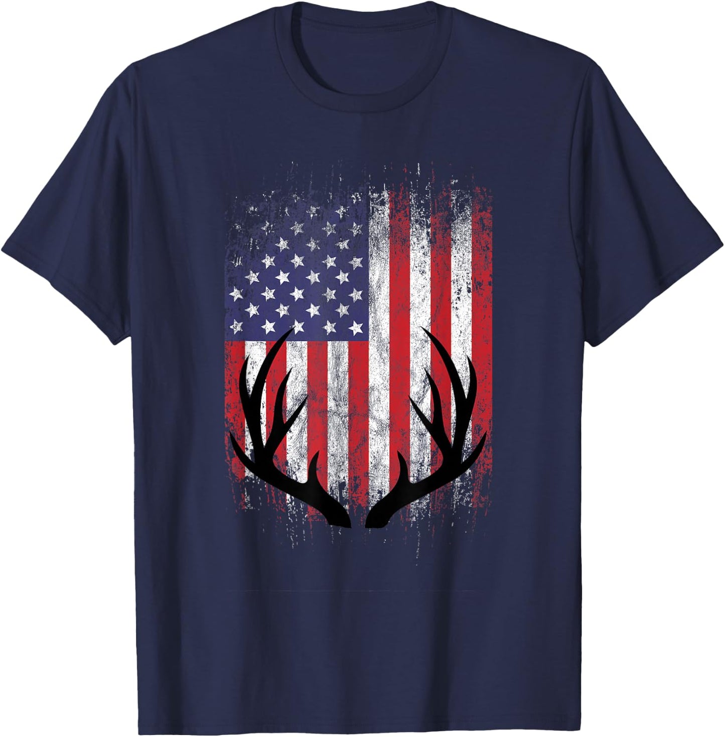 Deer Hunting American Flag Whitetail Buck Antlers Short Sleeve T-Shirt - T-Shirt | Navy