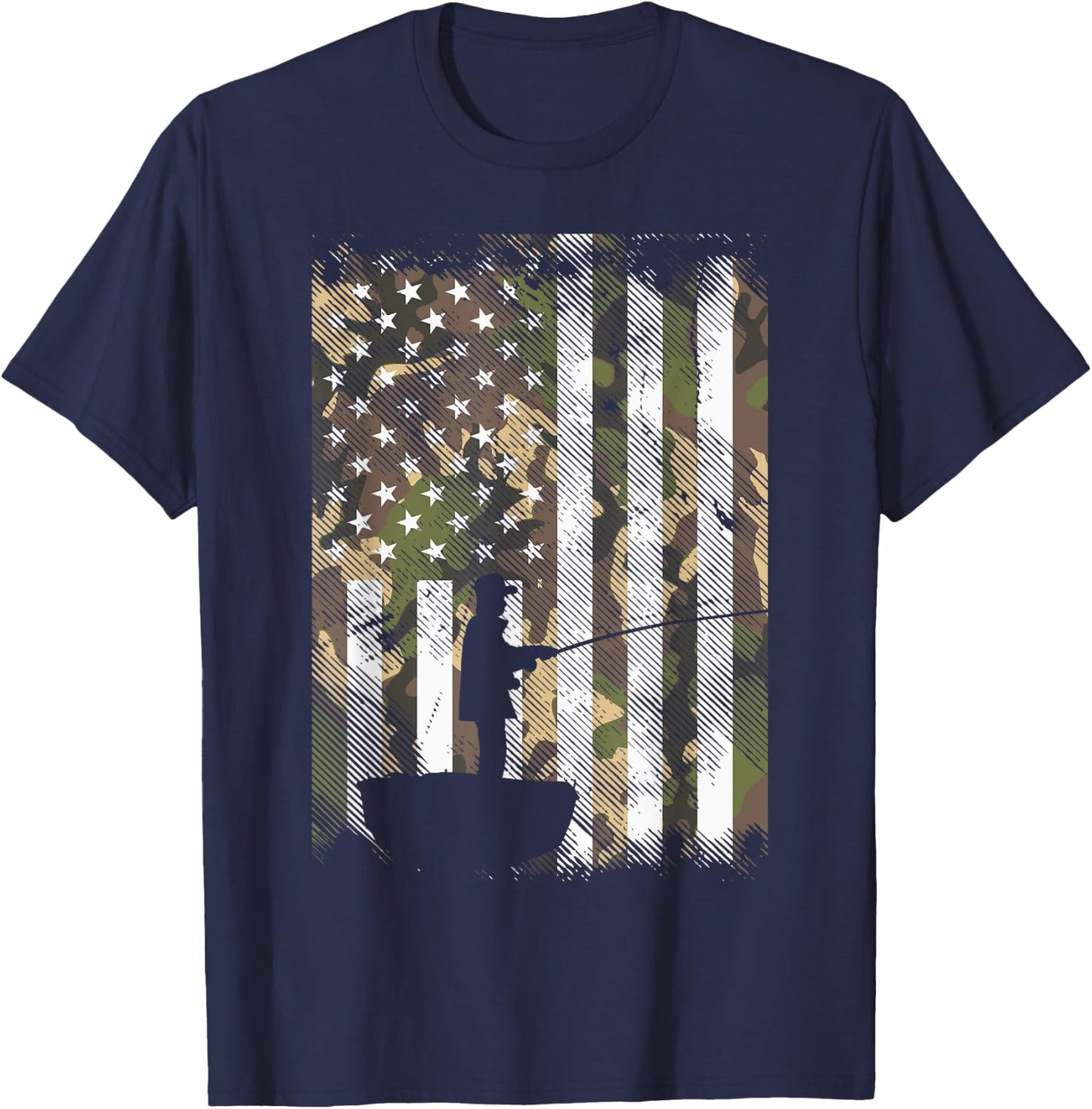 BoredKoalas Camo US Flag Fisherman Vintage Fishing Patriotic Angler Gift - Adult, Black, Small, Short Sleeve, Classic Fit T-Shirt - T-Shirt | Navy