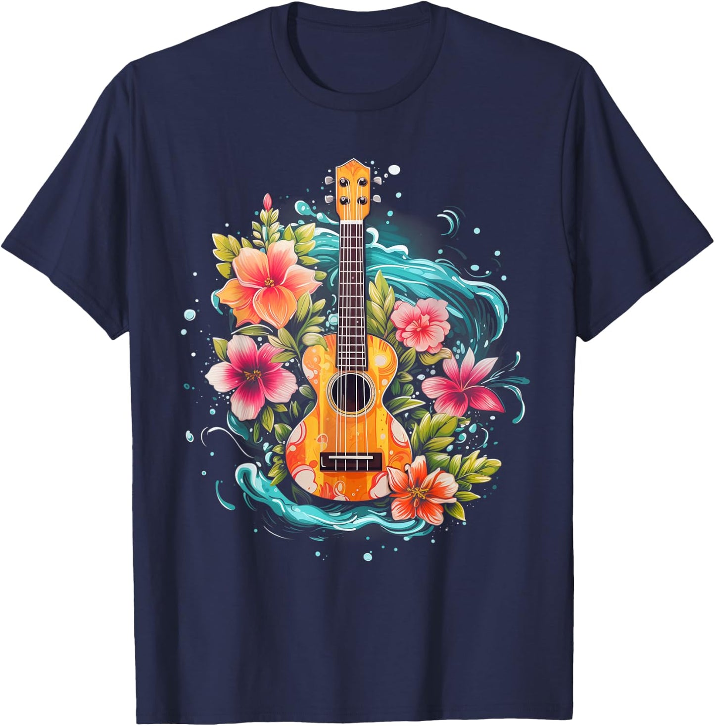 Ukulele Hawaiian Hibiscus Flowers Guitar Hawaii Surfer Uke T-Shirt - T-Shirt | Navy