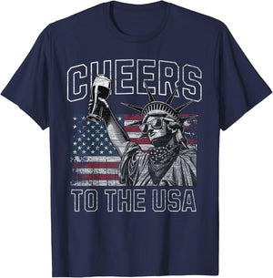 Cheers to the USA Statue of Liberty Holding Beer Patriotic Women Men T-Shirt - T-Shirt | Navy